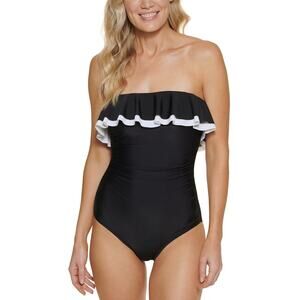 Tommy Hilfiger Women Black Strapless Ruffled Bandeau One-Piece Swimsuit Size 4